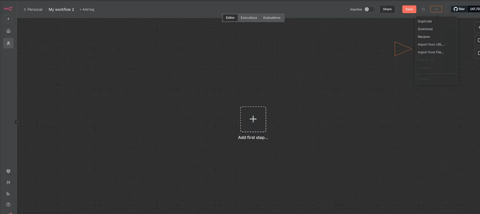 Screenshot of the n8n dashboard showing the option to import a new workflow from a URL or file
